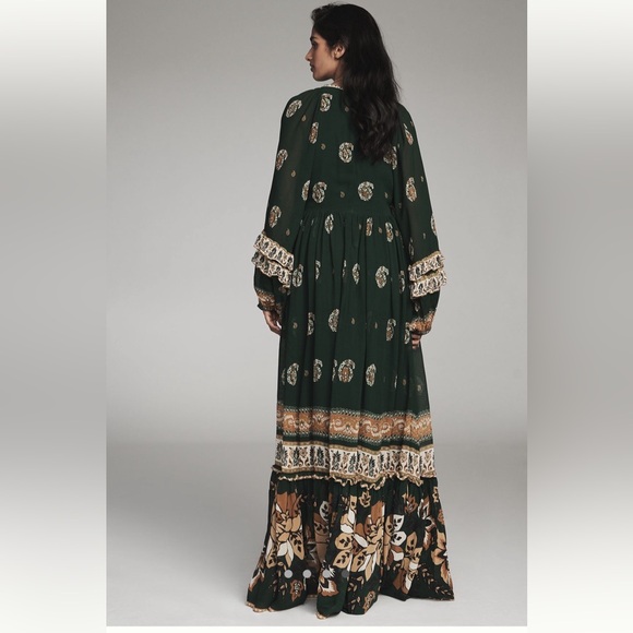 Farm Rio Ayla Long Sleeve V-Neck Green Floral Bohemian Maxi Dress - Picture 4 of 6